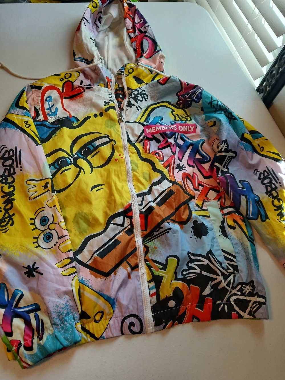 Members Only SpongeBob Graffiti Hooded Windbreaker - Yellow Blue Pink